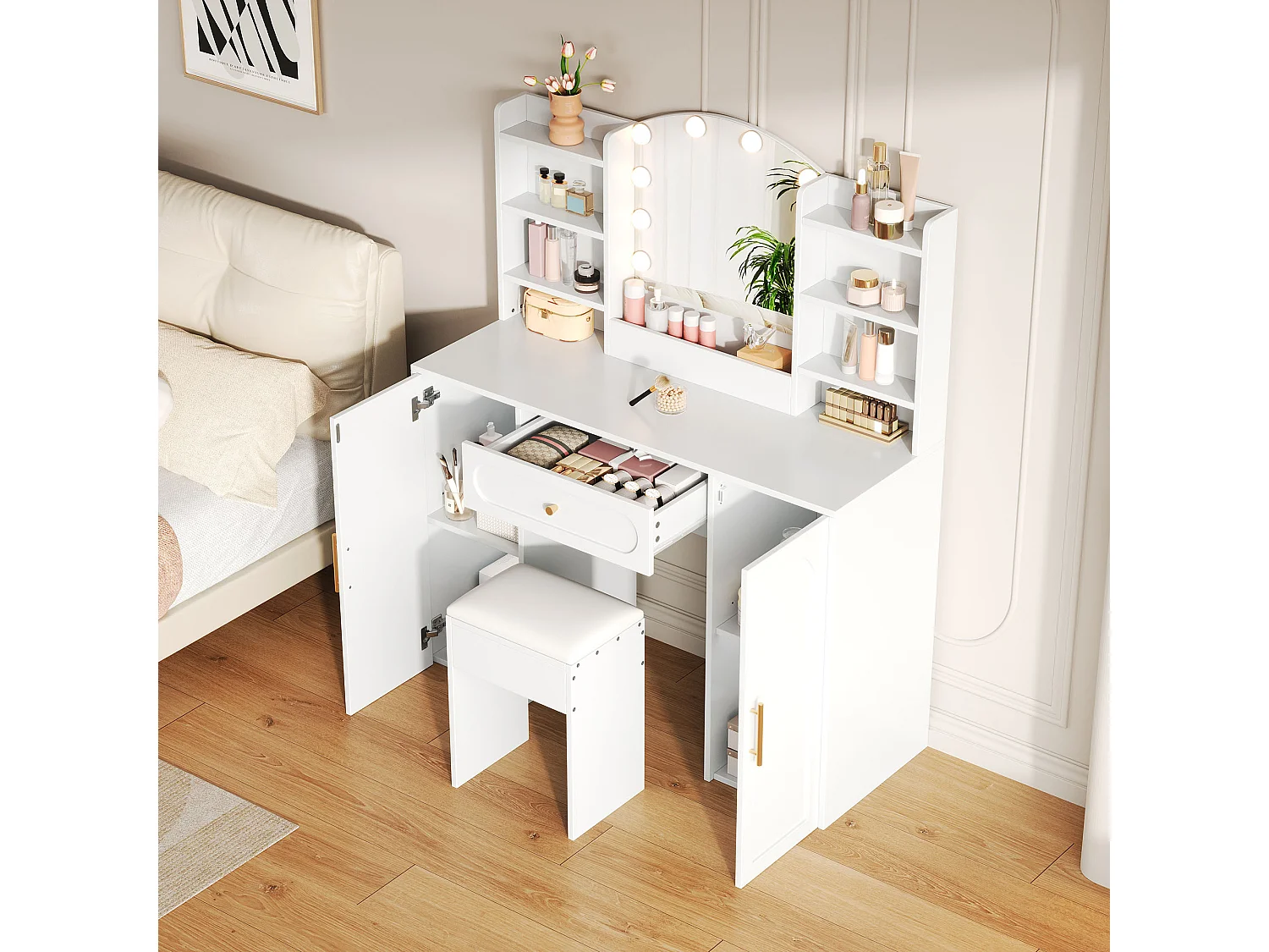 Moderner Schminktisch – 110 x 40 x 132 cm – mit LED-Beleuchtung, Spiegel, Hocker, Schublade und 2 Türen – MDF und Spanplatte – weiß