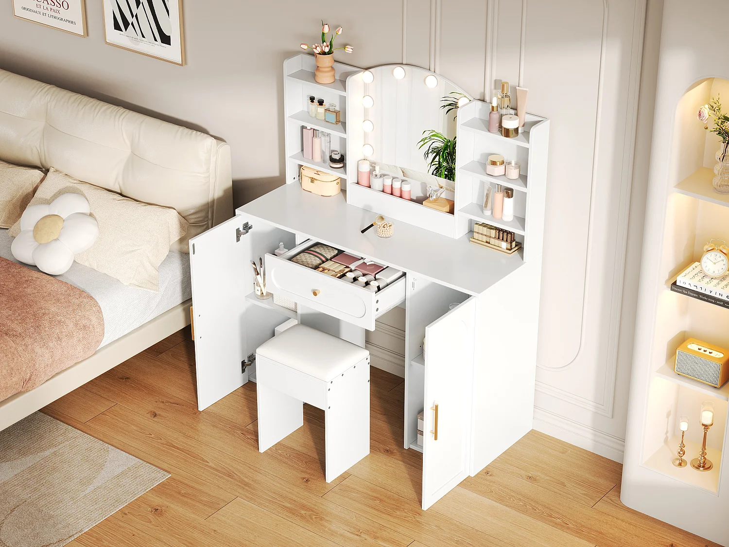 Moderner Schminktisch – 110 x 40 x 132 cm – mit LED-Beleuchtung, Spiegel, Hocker, Schublade und 2 Türen – MDF und Spanplatte – weiß