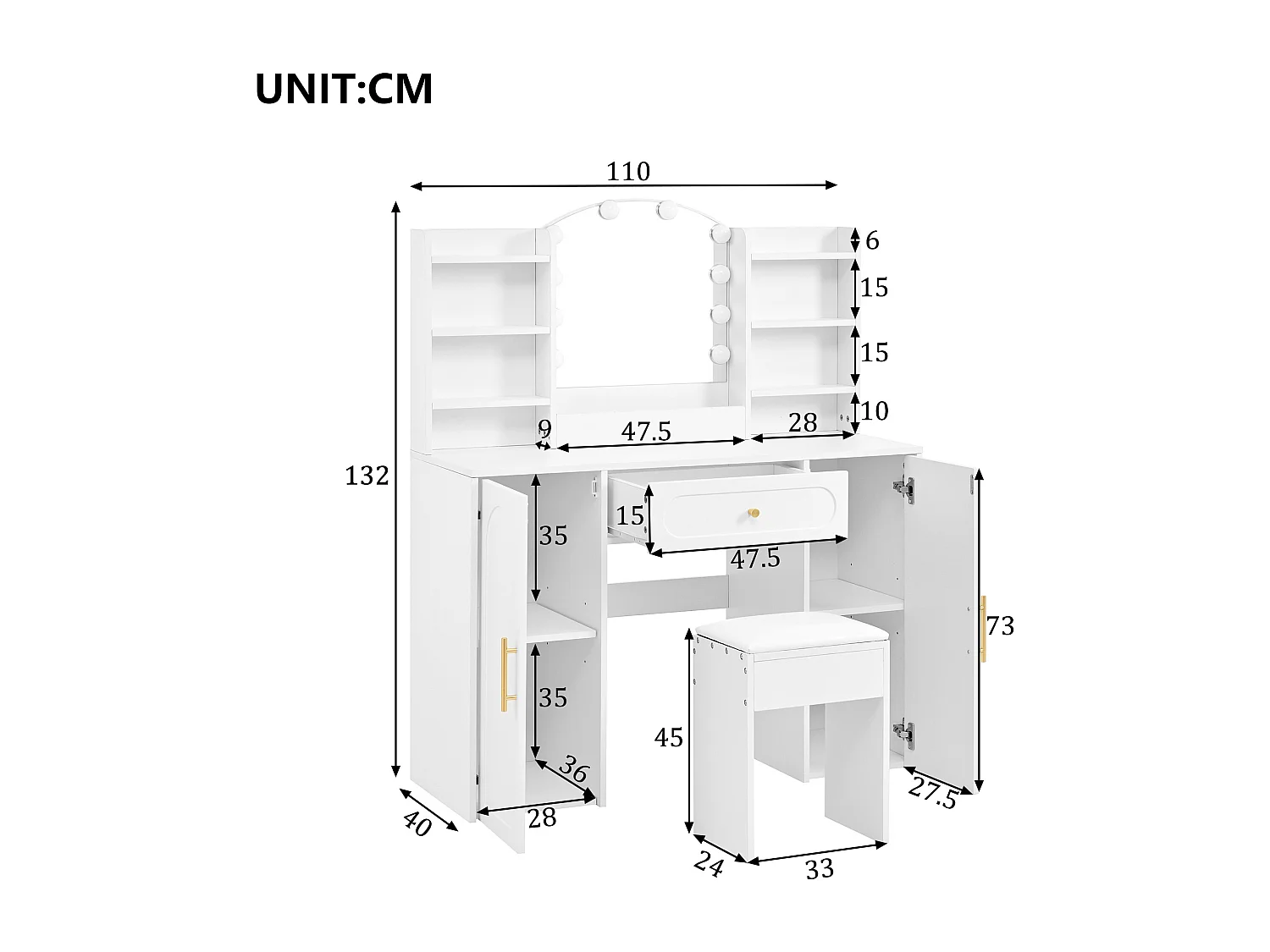 Moderner Schminktisch – 110 x 40 x 132 cm – mit LED-Beleuchtung, Spiegel, Hocker, Schublade und 2 Türen – MDF und Spanplatte – weiß