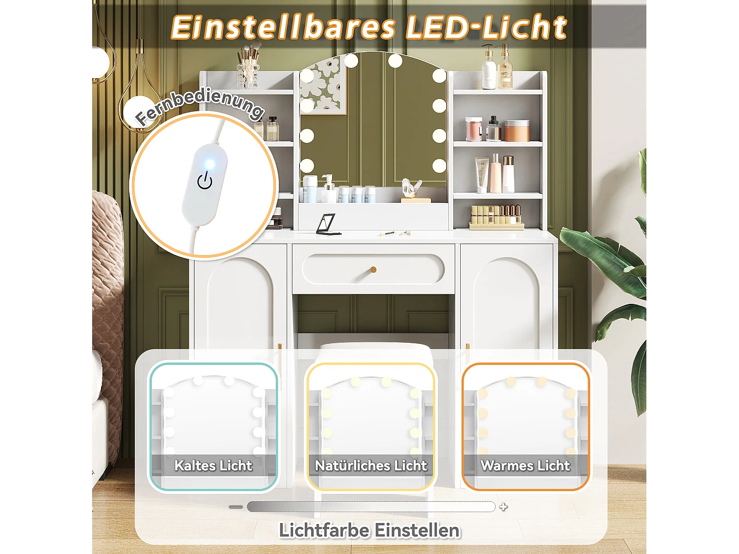 Moderner Schminktisch – 110 x 40 x 132 cm – mit LED-Beleuchtung, Spiegel, Hocker, Schublade und 2 Türen – MDF und Spanplatte – weiß