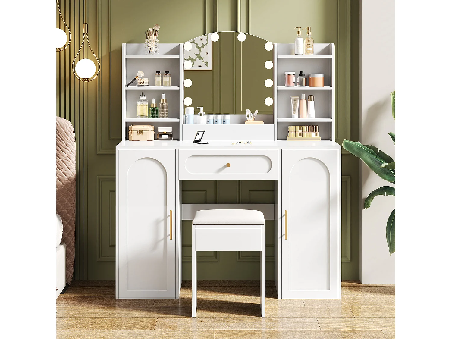 Moderner Schminktisch – 110 x 40 x 132 cm – mit LED-Beleuchtung, Spiegel, Hocker, Schublade und 2 Türen – MDF und Spanplatte – weiß