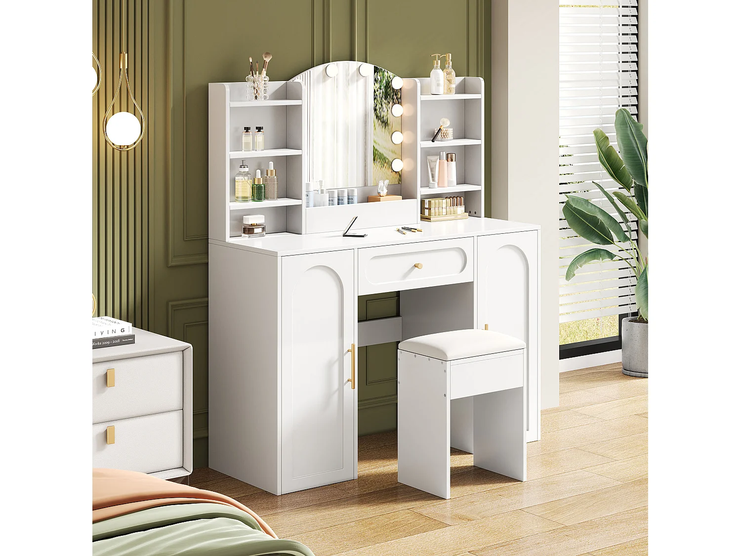 Moderner Schminktisch – 110 x 40 x 132 cm – mit LED-Beleuchtung, Spiegel, Hocker, Schublade und 2 Türen – MDF und Spanplatte – weiß