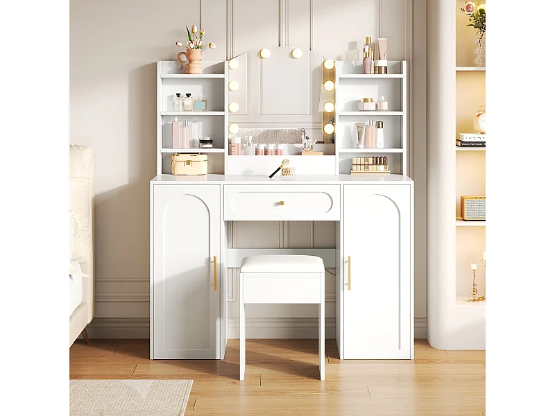 Moderner Schminktisch – 110 x 40 x 132 cm – mit LED-Beleuchtung, Spiegel, Hocker, Schublade und 2 Türen – MDF und Spanplatte – weiß