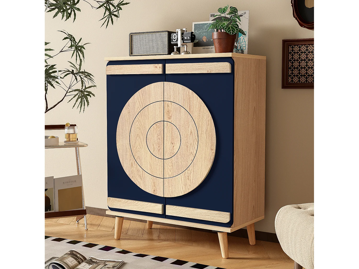 Moderner Schuhschrank mit runden, geometrischen Türen – 76 x 37 x 98,5 cm – Spanplatte – natur