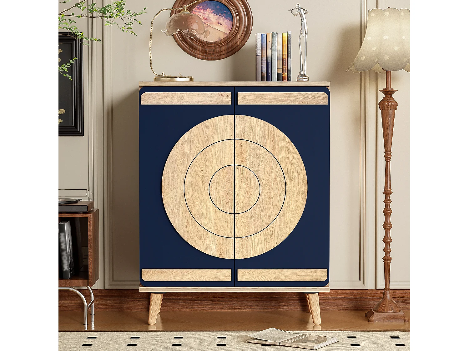 Moderner Schuhschrank mit runden, geometrischen Türen – 76 x 37 x 98,5 cm – Spanplatte – natur