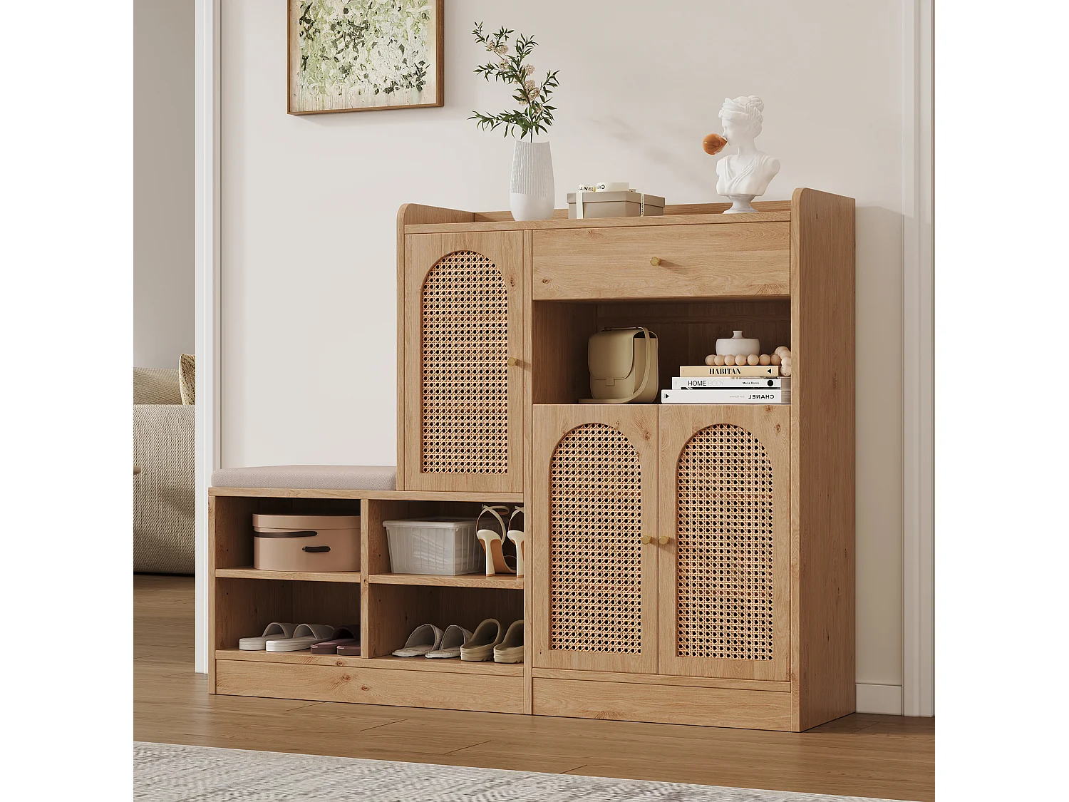 Meuble à chaussures avec banquette rembourrée - 142 x 35 x 110 cm - avec 3 portes en rotin tressé + 1 tiroir - aggloméré - naturel