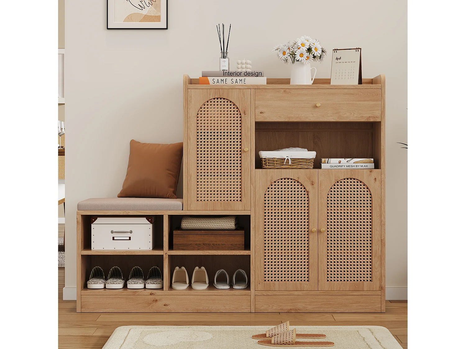 Meuble à chaussures avec banquette rembourrée - 142 x 35 x 110 cm - avec 3 portes en rotin tressé + 1 tiroir - aggloméré - naturel