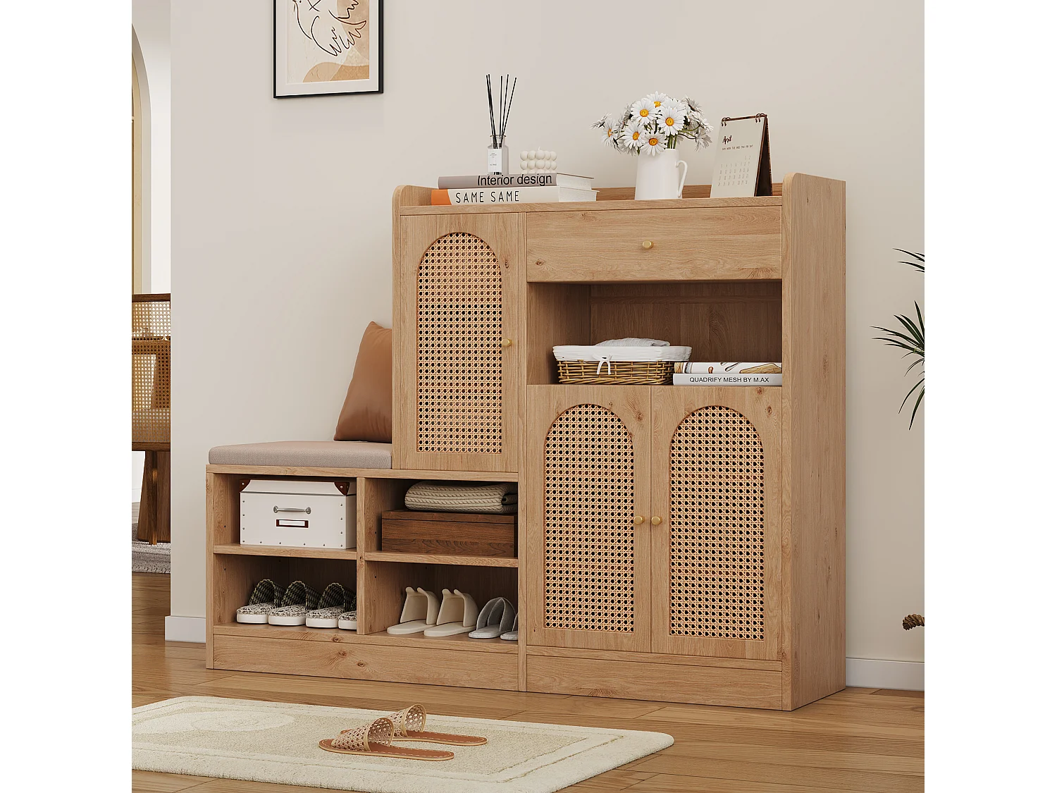 Meuble à chaussures avec banquette rembourrée - 142 x 35 x 110 cm - avec 3 portes en rotin tressé + 1 tiroir - aggloméré - naturel