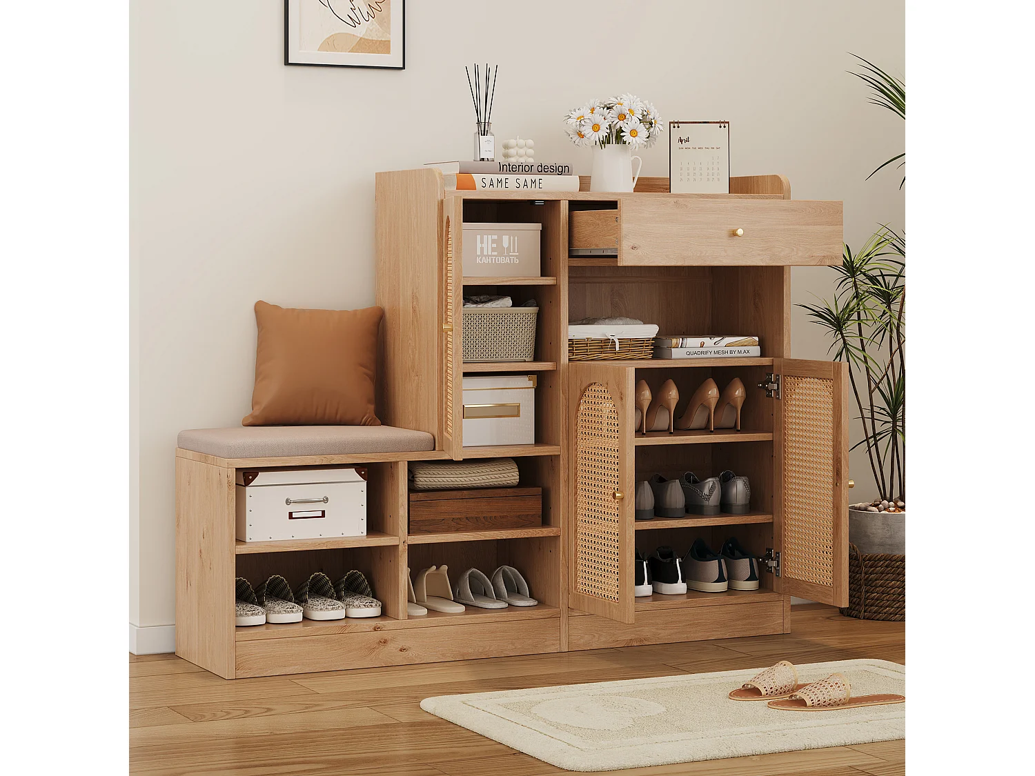 Meuble à chaussures avec banquette rembourrée - 142 x 35 x 110 cm - avec 3 portes en rotin tressé + 1 tiroir - aggloméré - naturel