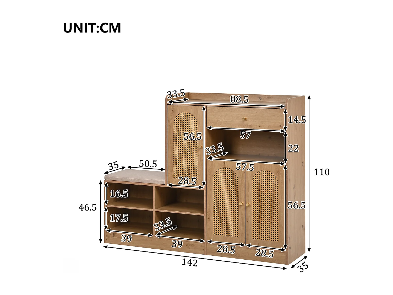 Meuble à chaussures avec banquette rembourrée - 142 x 35 x 110 cm - avec 3 portes en rotin tressé + 1 tiroir - aggloméré - naturel