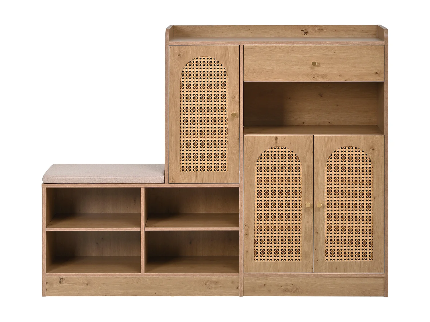 Meuble à chaussures avec banquette rembourrée - 142 x 35 x 110 cm - avec 3 portes en rotin tressé + 1 tiroir - aggloméré - naturel