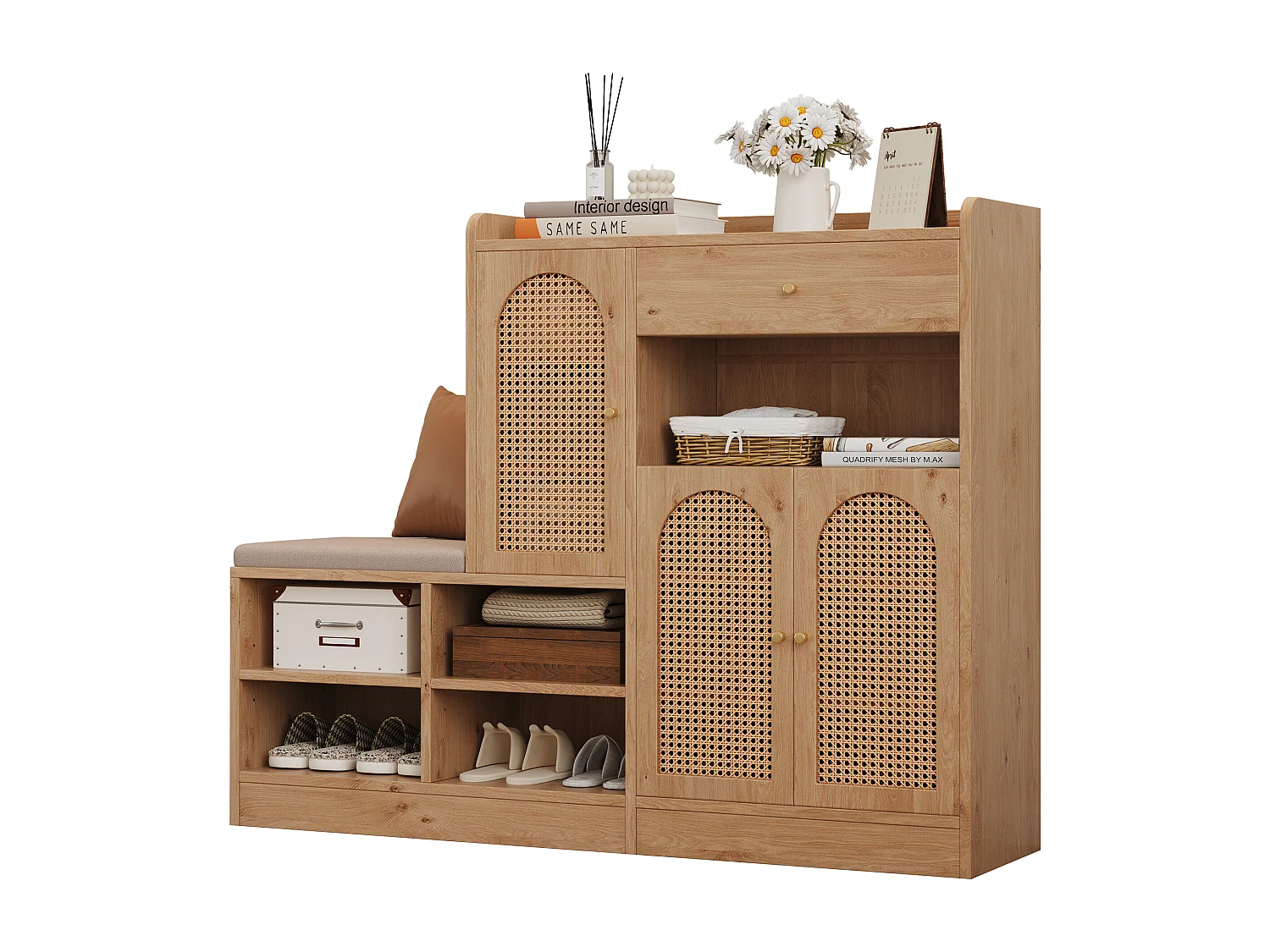 Meuble à chaussures avec banquette rembourrée - 142 x 35 x 110 cm - avec 3 portes en rotin tressé + 1 tiroir - aggloméré - naturel