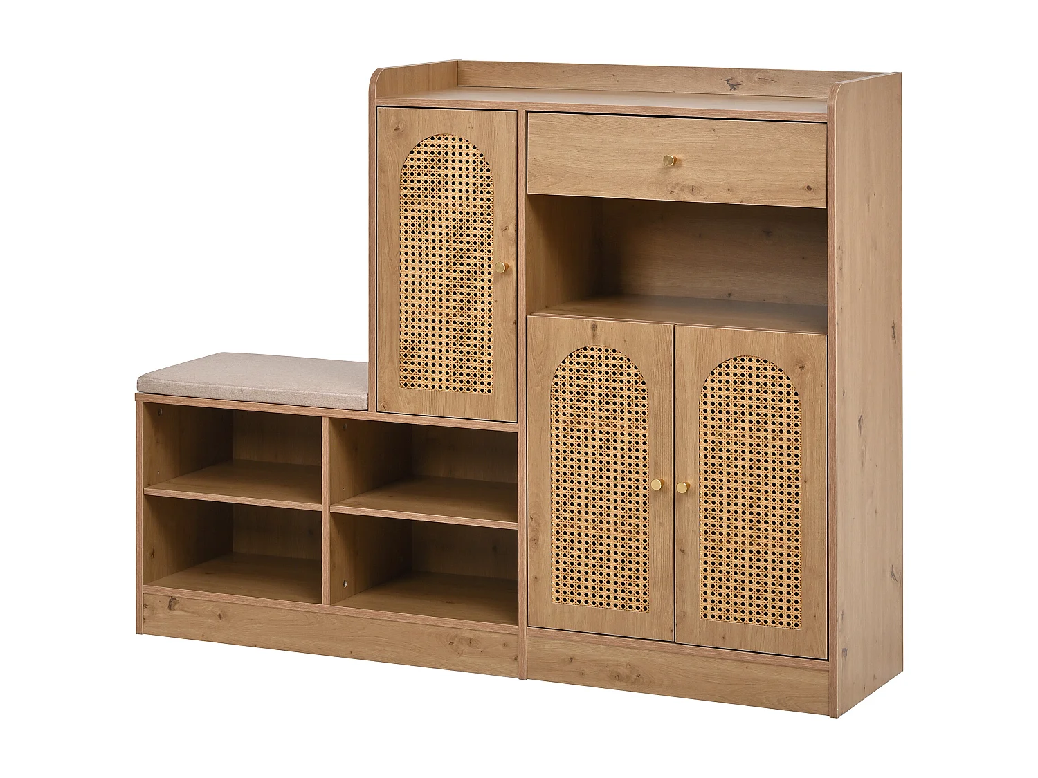 Meuble à chaussures avec banquette rembourrée - 142 x 35 x 110 cm - avec 3 portes en rotin tressé + 1 tiroir - aggloméré - naturel