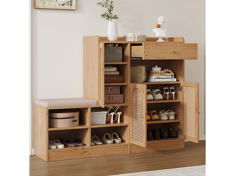 Meuble à chaussures avec banquette rembourrée - 142 x 35 x 110 cm - avec 3 portes en rotin tressé + 1 tiroir - aggloméré - naturel