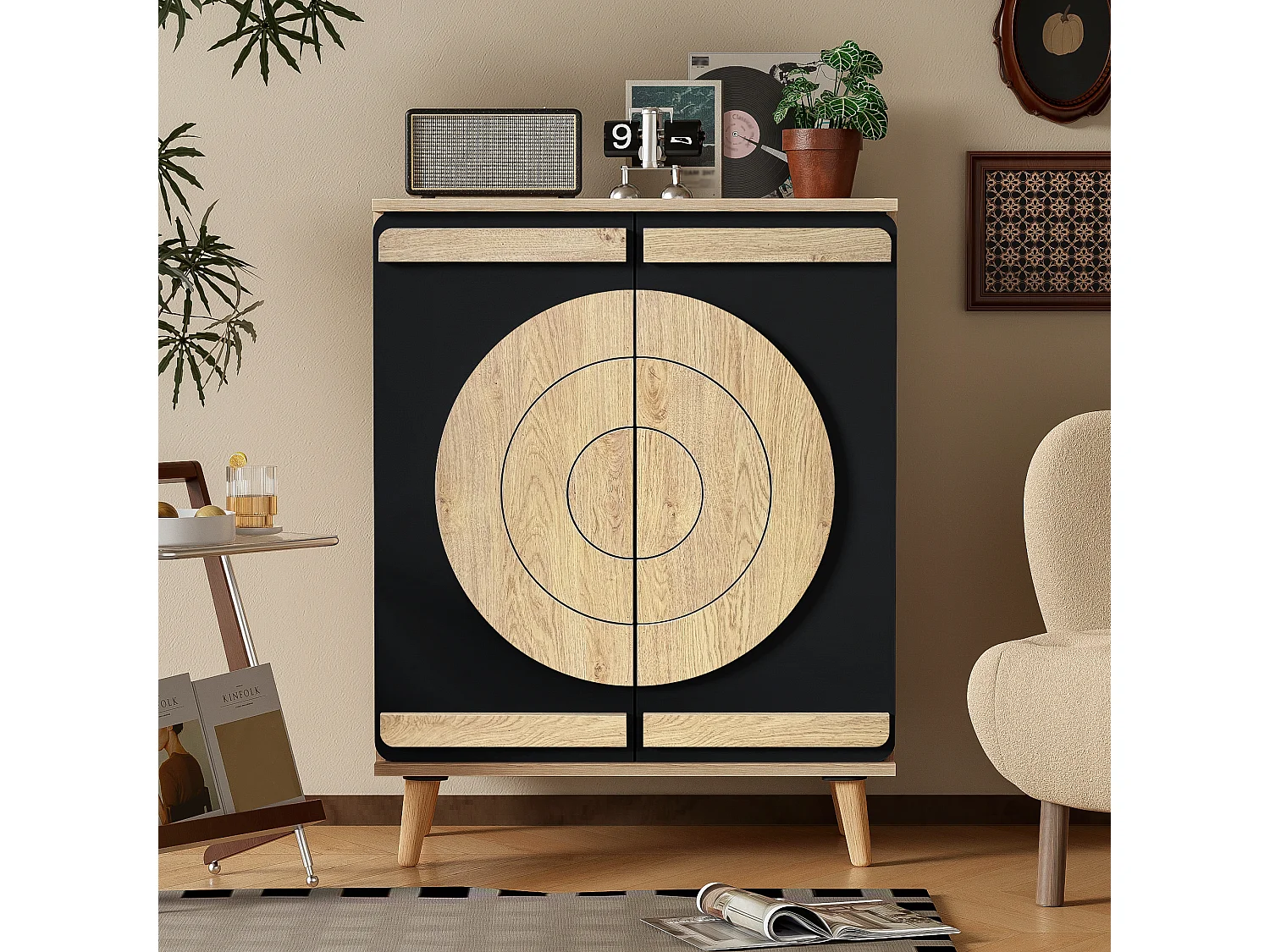 Meuble à chaussures moderne avec portes rondes et géométriques - 76 x 37 x 98.5 cm - MDF - noir