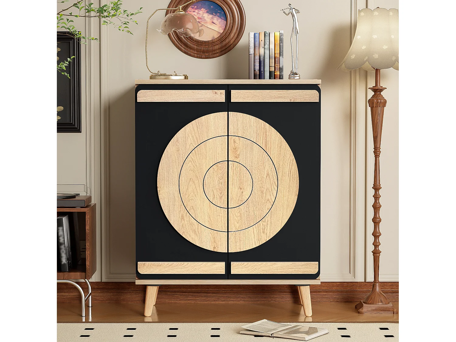 Meuble à chaussures moderne avec portes rondes et géométriques - 76 x 37 x 98.5 cm - MDF - noir