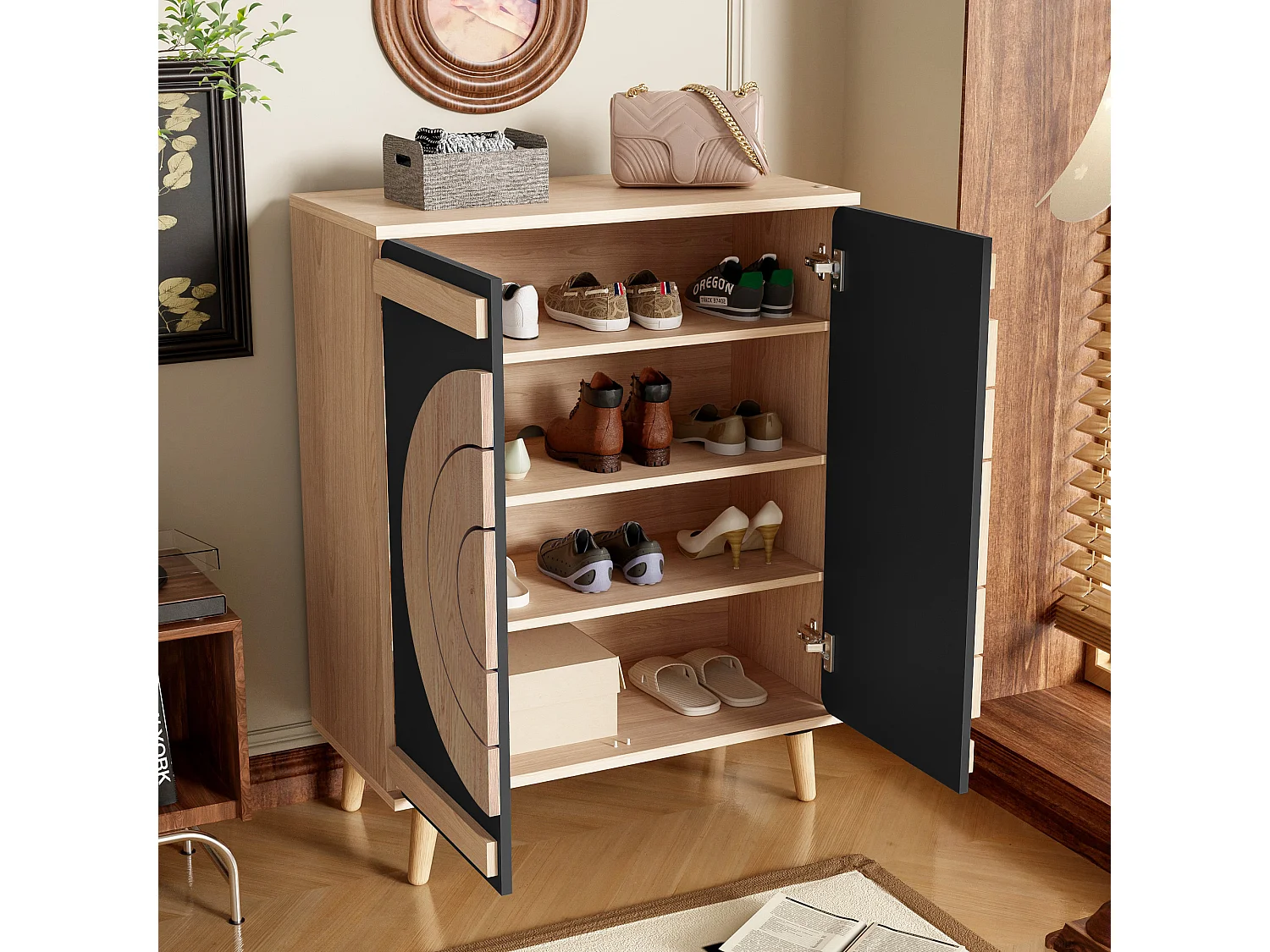 Moderner Schuhschrank mit runden, geometrischen Türen – 76 x 37 x 98,5 cm – MDF – schwarz