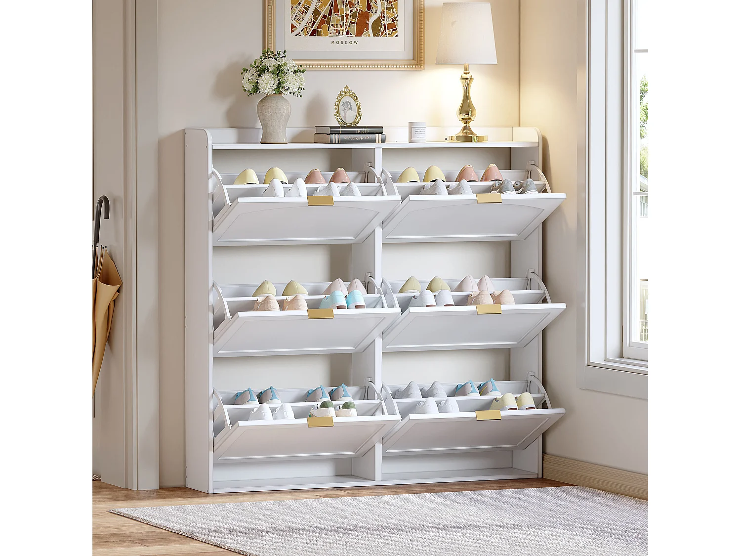 Meuble à chaussures pour entrée - 120 x 23 x 118 cm - avec 6 compartiments rabattables - MDF + aggloméré - blanc