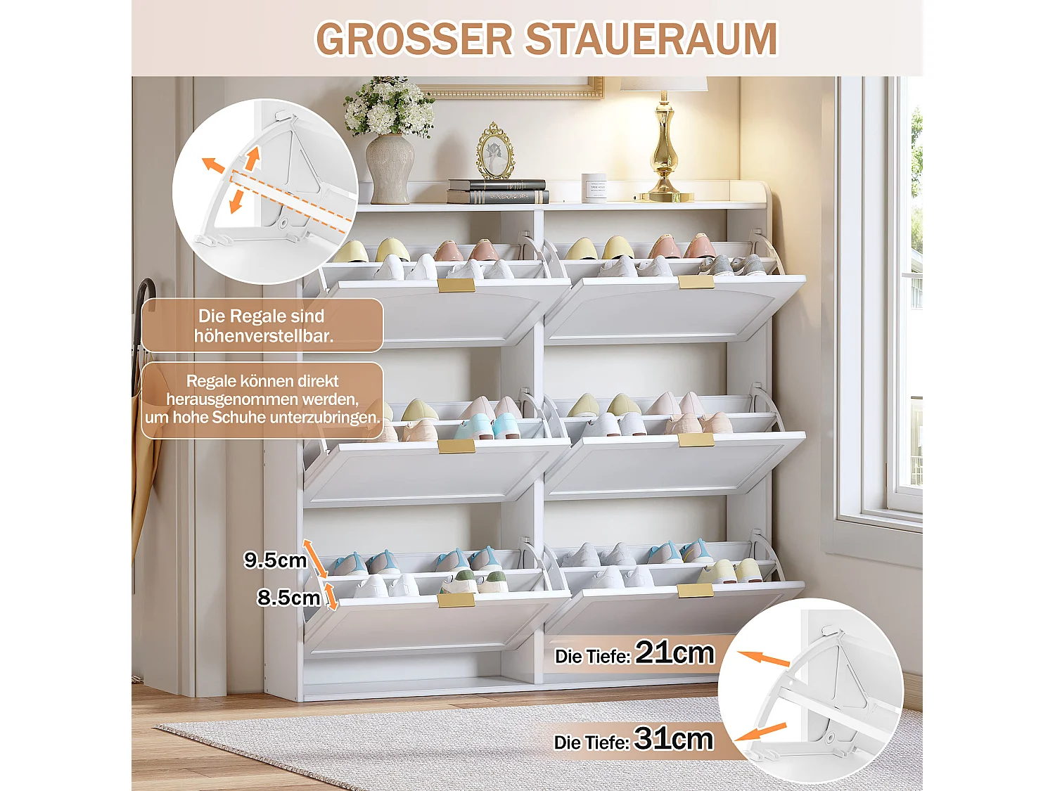 Meuble à chaussures pour entrée - 120 x 23 x 118 cm - avec 6 compartiments rabattables - MDF + aggloméré - blanc