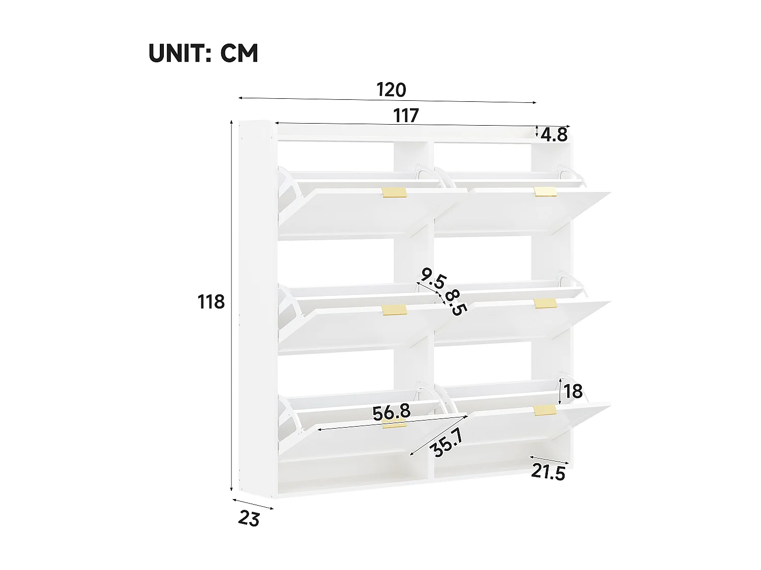 Meuble à chaussures pour entrée - 120 x 23 x 118 cm - avec 6 compartiments rabattables - MDF + aggloméré - blanc