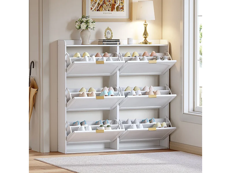 Meuble à chaussures pour entrée - 120 x 23 x 118 cm - avec 6 compartiments rabattables - MDF + aggloméré - blanc