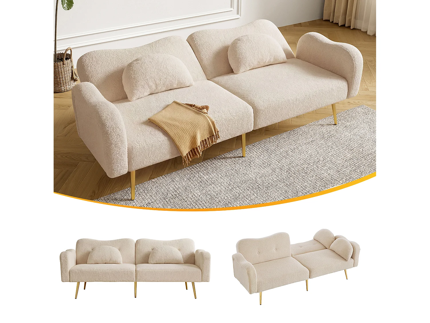 Canapé convertible 2 places - 175 x 79 x 82 cm - avec dossier réglable - pieds en métal doré - velours - beige