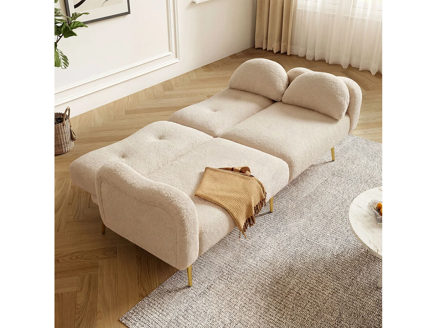 Canapé convertible 2 places - 175 x 79 x 82 cm - avec dossier réglable - pieds en métal doré - velours - beige