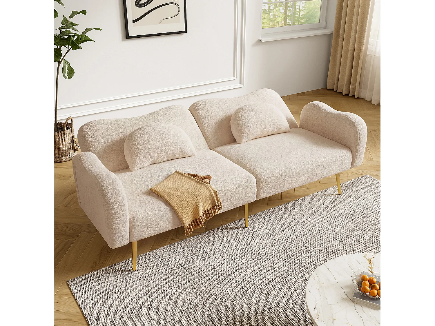 Canapé convertible 2 places - 175 x 79 x 82 cm - avec dossier réglable - pieds en métal doré - velours - beige