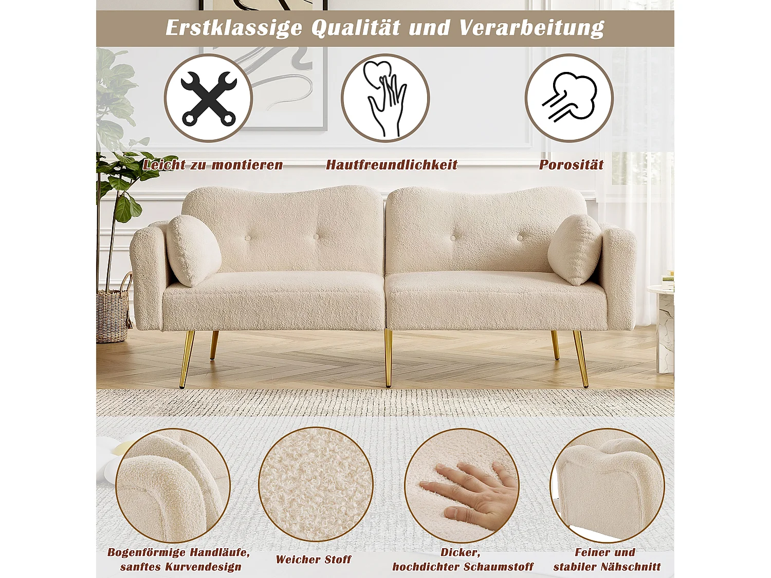 Canapé convertible 2 places - 175 x 79 x 82 cm - avec dossier réglable - pieds en métal doré - velours - beige