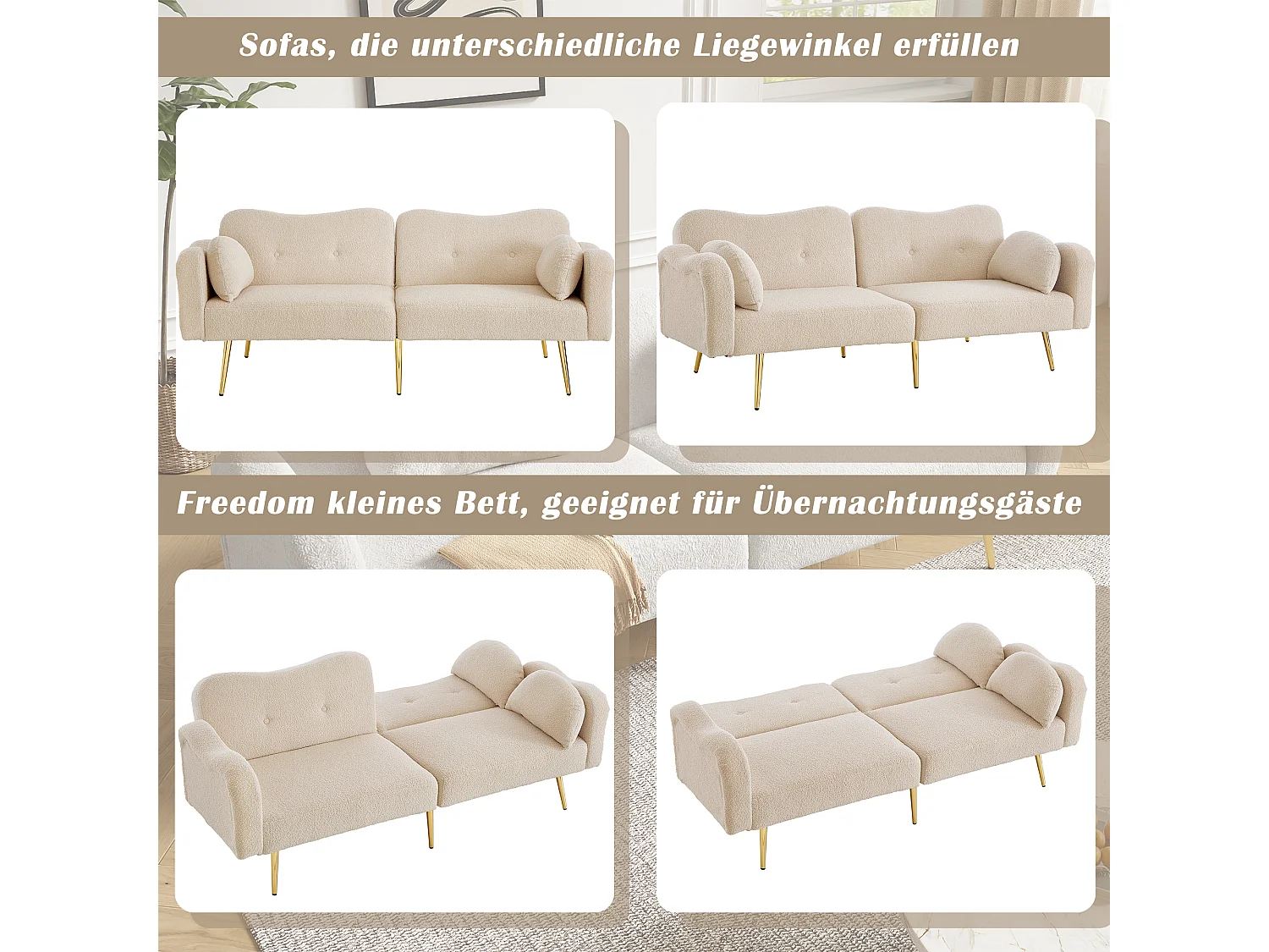 Canapé convertible 2 places - 175 x 79 x 82 cm - avec dossier réglable - pieds en métal doré - velours - beige