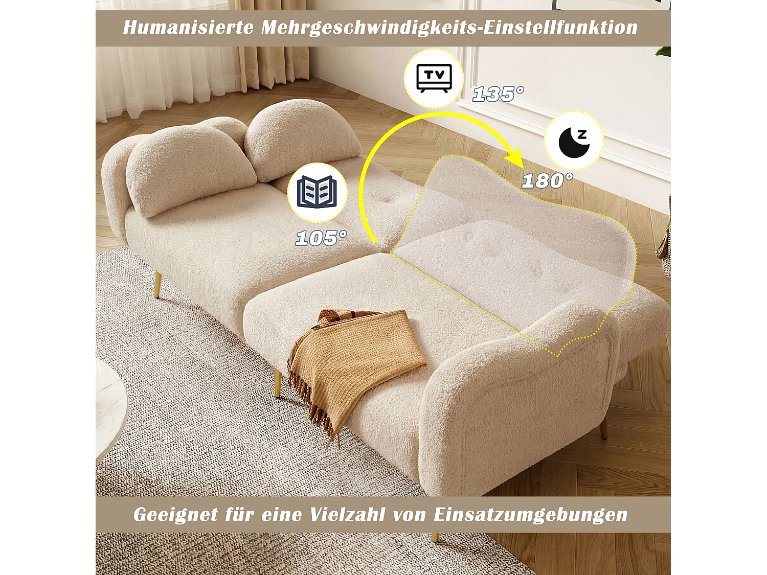 Canapé convertible 2 places - 175 x 79 x 82 cm - avec dossier réglable - pieds en métal doré - velours - beige