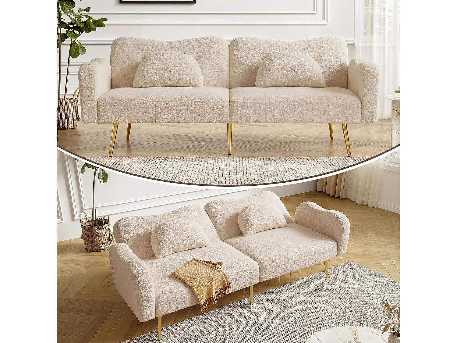 Canapé convertible 2 places - 175 x 79 x 82 cm - avec dossier réglable - pieds en métal doré - velours - beige