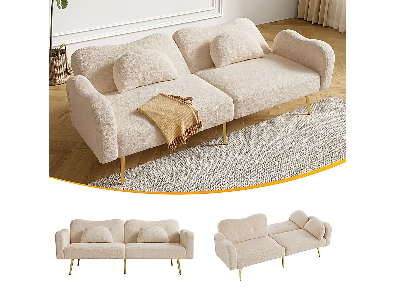 Canapé convertible 2 places - 175 x 79 x 82 cm - avec dossier réglable - pieds en métal doré - velours - beige