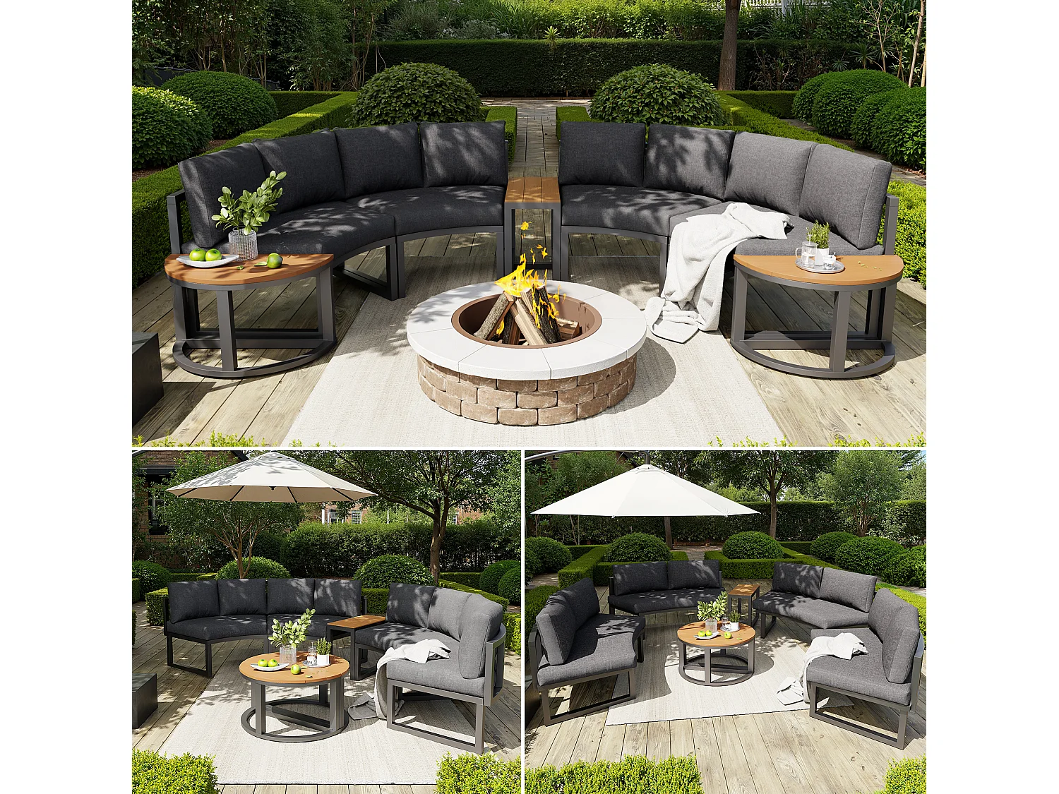 Ensemble de mobilier de jardin pour 6 à 8 personnes - avec coussins + oreillers + canapé rond + tables - métal - gris