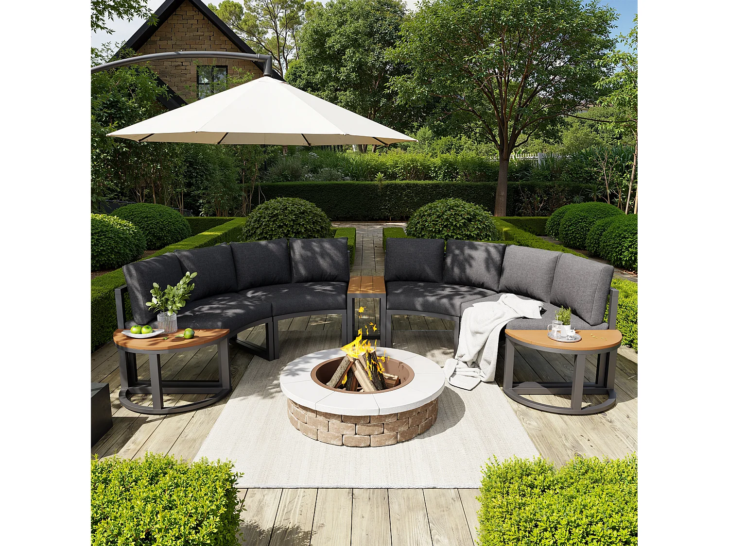 Ensemble de mobilier de jardin pour 6 à 8 personnes - avec coussins + oreillers + canapé rond + tables - métal - gris