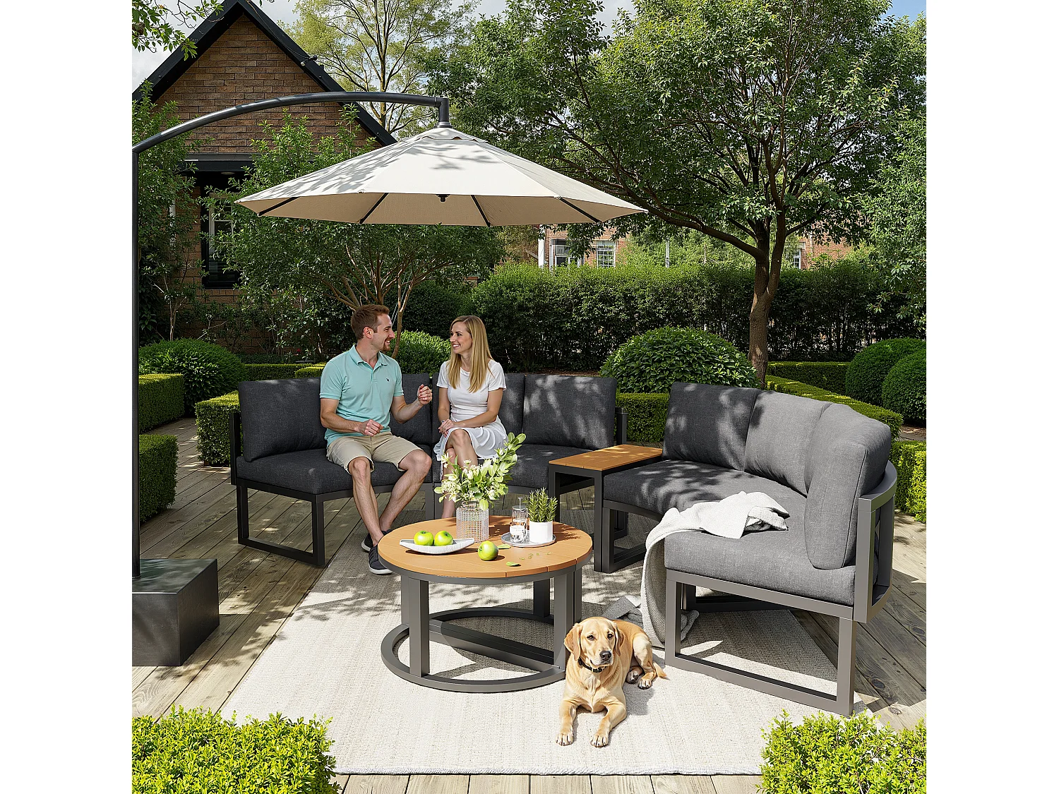 Ensemble de mobilier de jardin pour 6 à 8 personnes - avec coussins + oreillers + canapé rond + tables - métal - gris