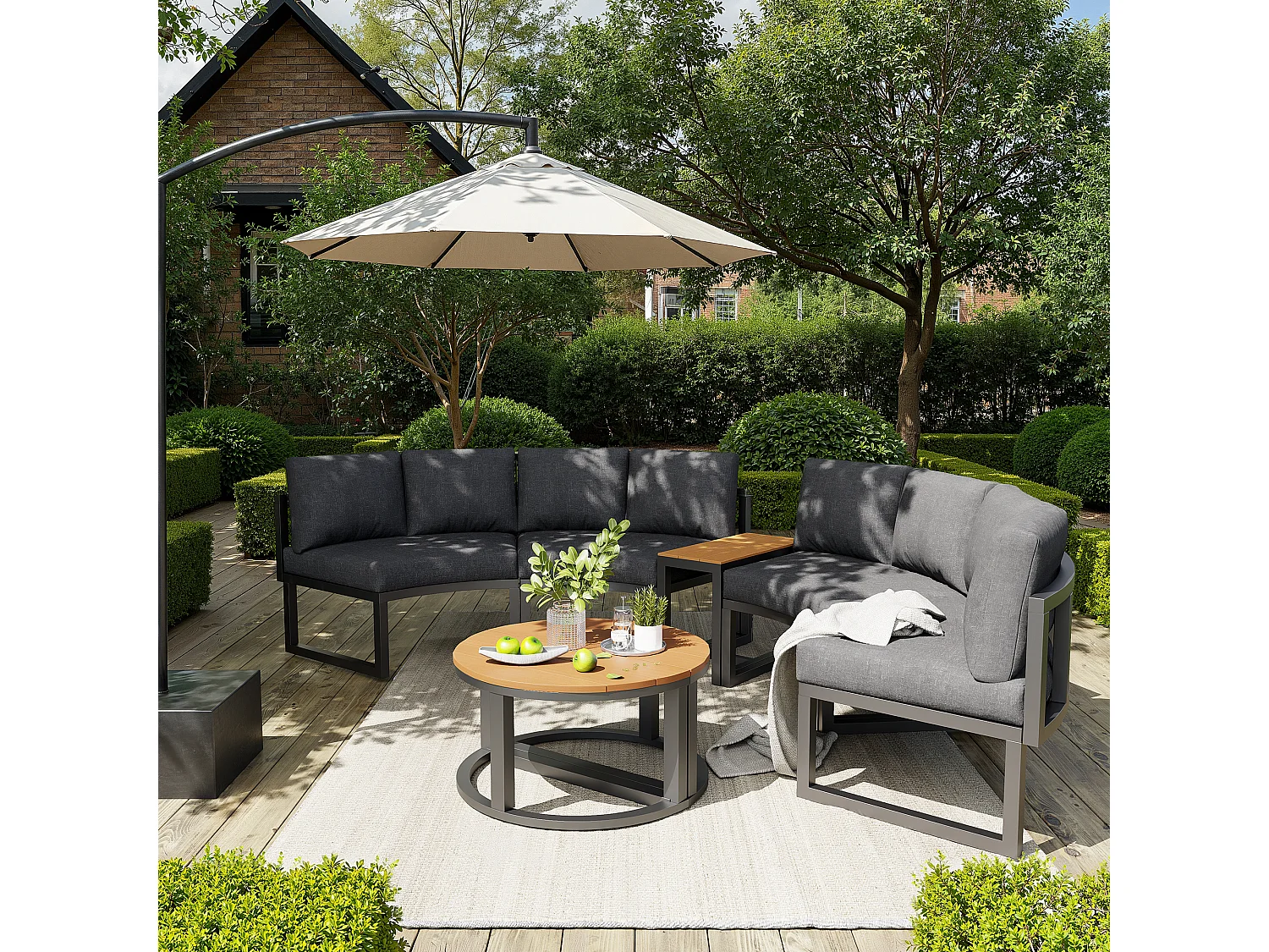 Ensemble de mobilier de jardin pour 6 à 8 personnes - avec coussins + oreillers + canapé rond + tables - métal - gris