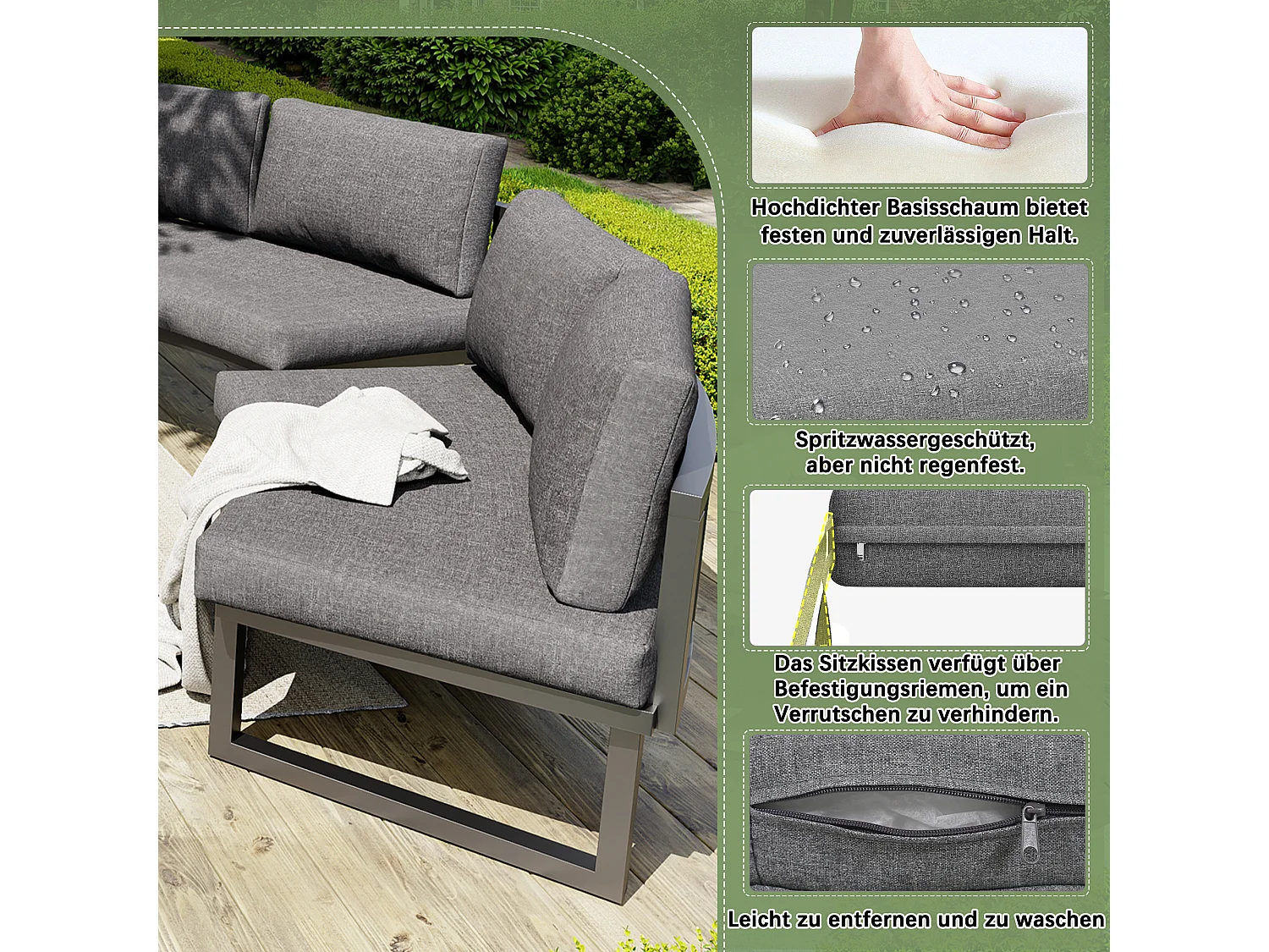 Ensemble de mobilier de jardin pour 6 à 8 personnes - avec coussins + oreillers + canapé rond + tables - métal - gris