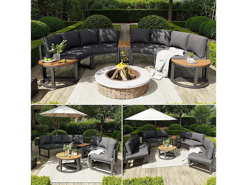 Ensemble de mobilier de jardin pour 6 à 8 personnes - avec coussins + oreillers + canapé rond + tables - métal - gris