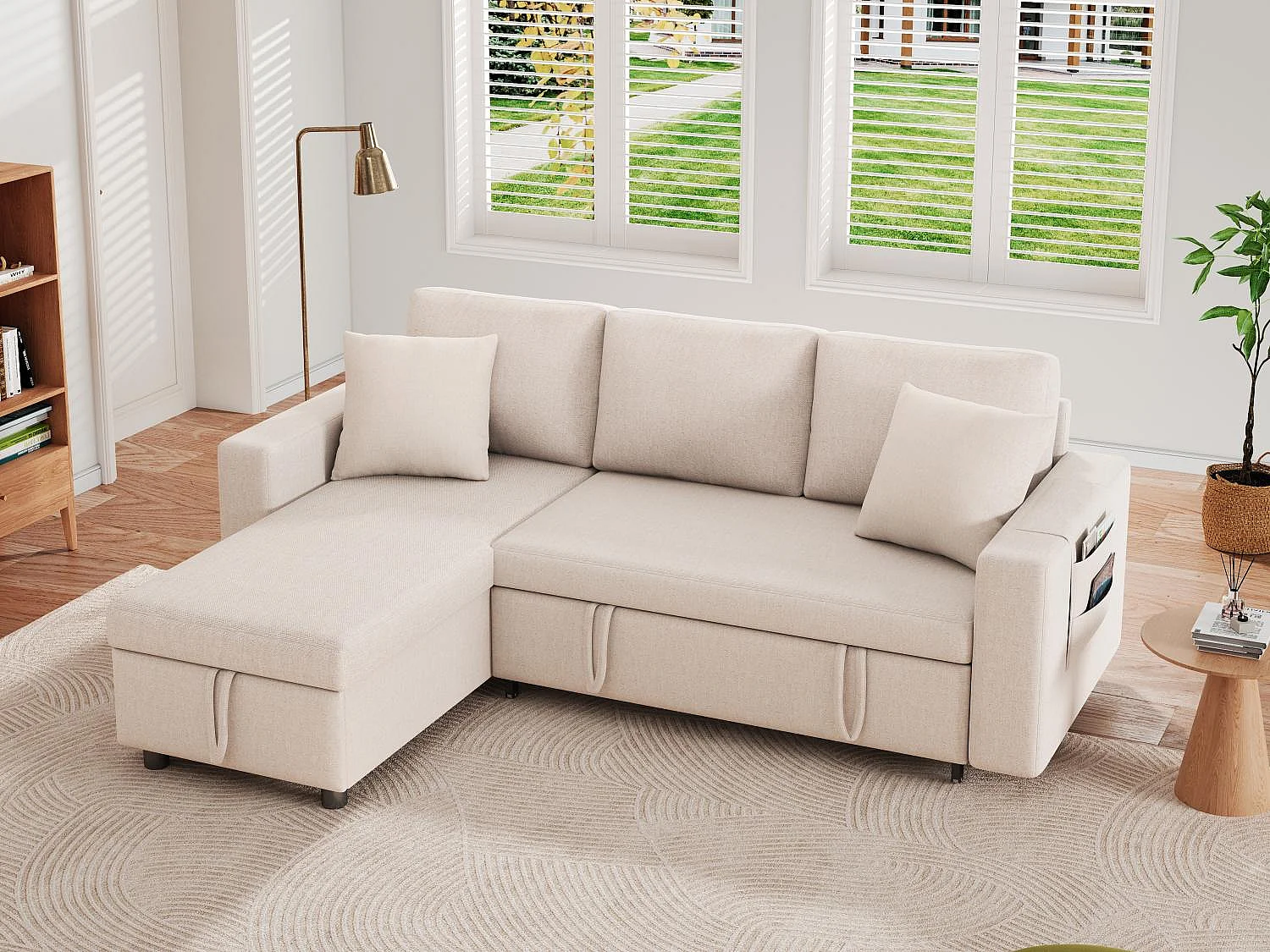 Fusio Lente-Zomer - Hoekbank 3 Zits, Omslaapbaar, Modulair, Linnen Stof met Armleuningen Drankhouders - Ideaal voor Woonkamer en Verblijf