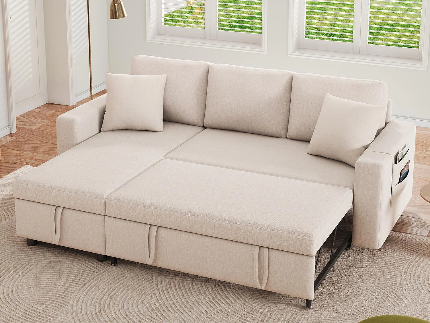 Fusio Lente-Zomer - Hoekbank 3 Zits, Omslaapbaar, Modulair, Linnen Stof met Armleuningen Drankhouders - Ideaal voor Woonkamer en Verblijf