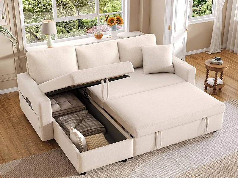 Fusio Lente-Zomer - Hoekbank 3 Zits, Omslaapbaar, Modulair, Linnen Stof met Armleuningen Drankhouders - Ideaal voor Woonkamer en Verblijf