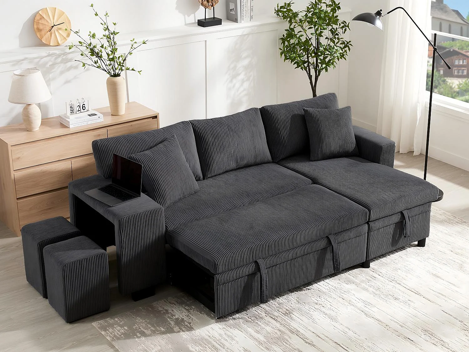 Fusio - 3-Zits Hoekbank Bedbank in Ribcord - Bed, Grote Opslag & USB/Type-C Poorten - Ideaal voor Moderne Woonkamer of Appartement