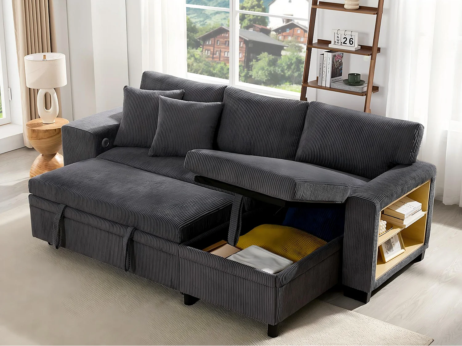 Fusio - 3-Zits Hoekbank Bedbank in Ribcord - Bed, Grote Opslag & USB/Type-C Poorten - Ideaal voor Moderne Woonkamer of Appartement