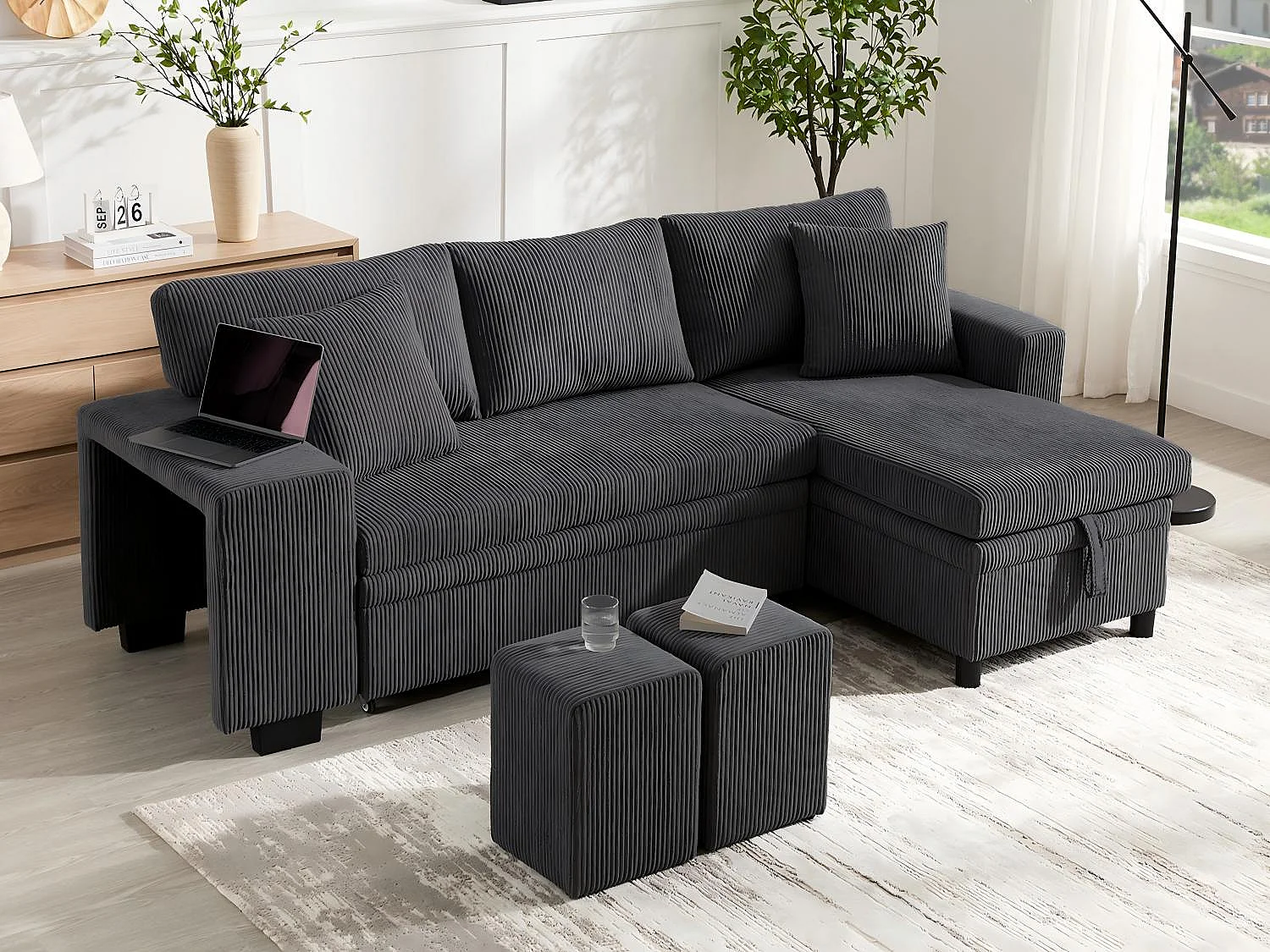 Fusio - 3-Zits Hoekbank Bedbank in Ribcord - Bed, Grote Opslag & USB/Type-C Poorten - Ideaal voor Moderne Woonkamer of Appartement