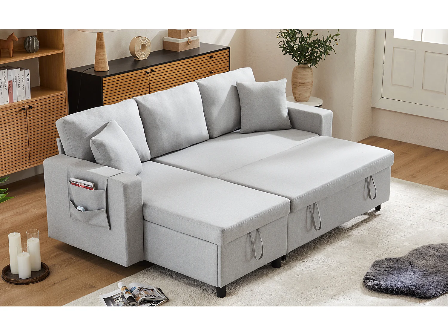 Fusio 1.0 - Canapé d’Angle 3 Places Convertible + Rangement - Tissu Lin - Idéal Studio, Lit d’Appoint Spacieux