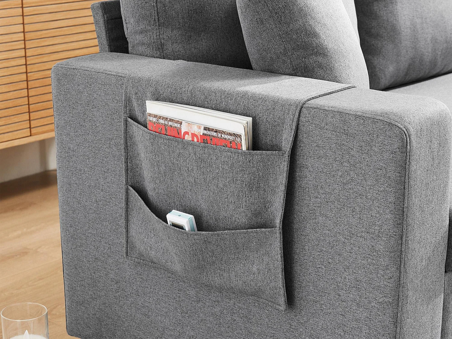 Fusio 1.0 - Canapé d’Angle 3 Places Convertible + Rangement - Tissu Lin - Idéal Studio, Lit d’Appoint Spacieux