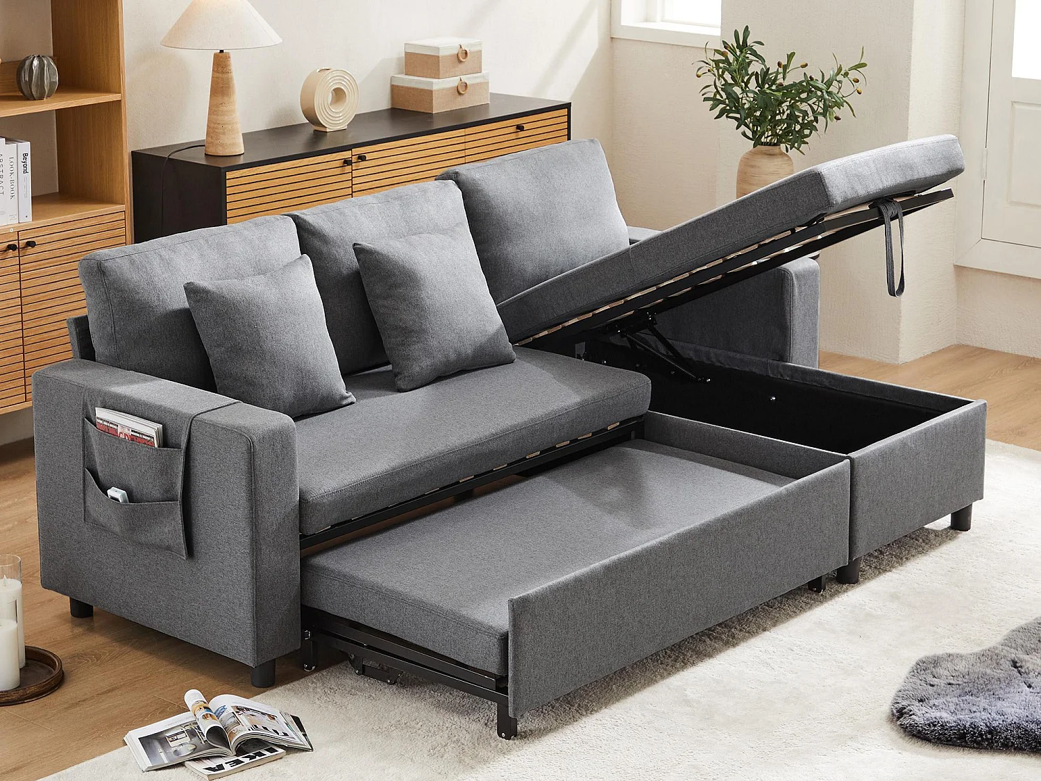 Fusio 1.0 - Canapé d’Angle 3 Places Convertible + Rangement - Tissu Lin - Idéal Studio, Lit d’Appoint Spacieux