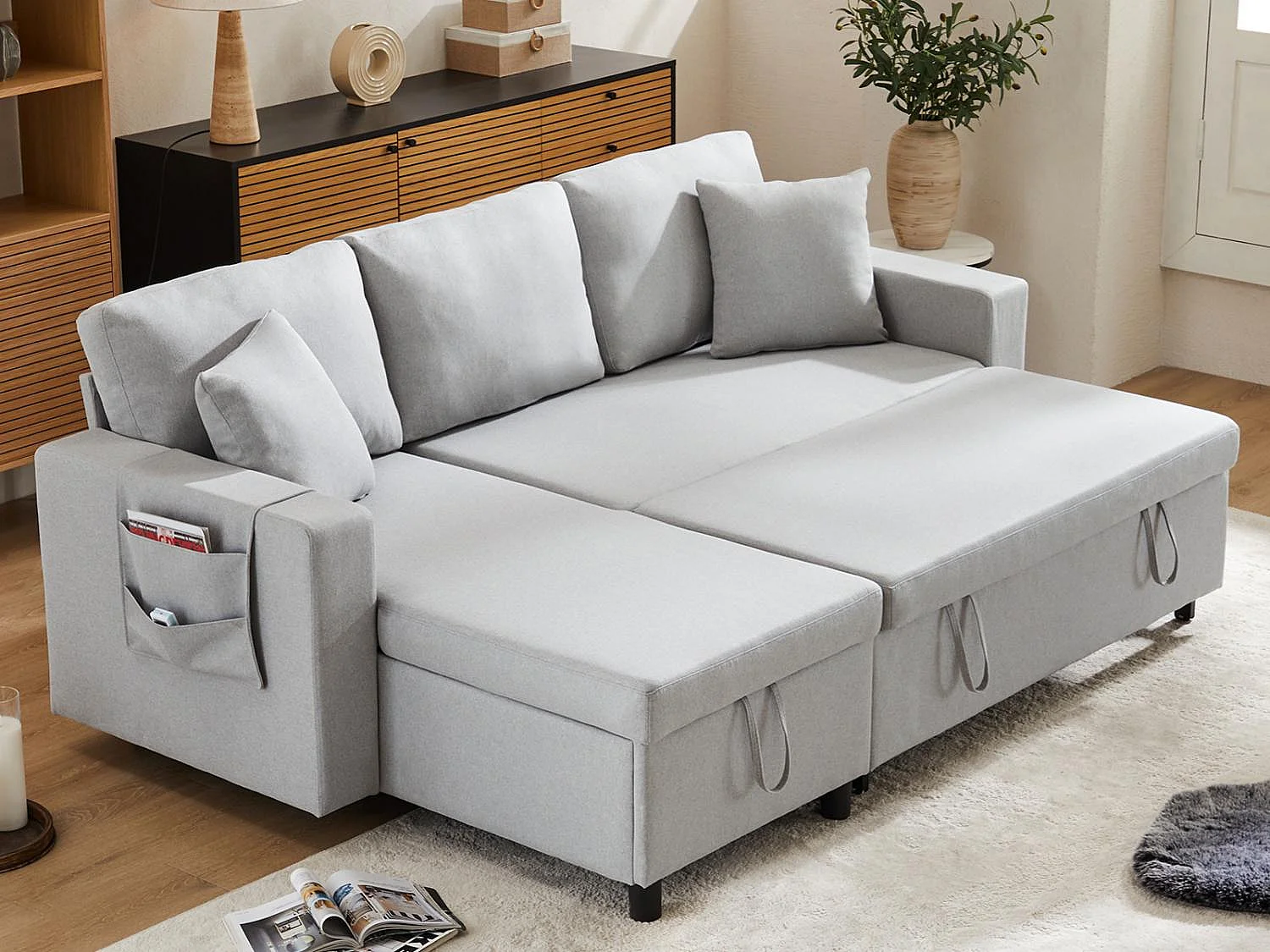 Fusio 1.0 – Sofá Cama Esquinero de 3 Plazas con Almacenaje, Tela de Lino, Ideal para Estudios, Cama Auxiliar Espaciosa