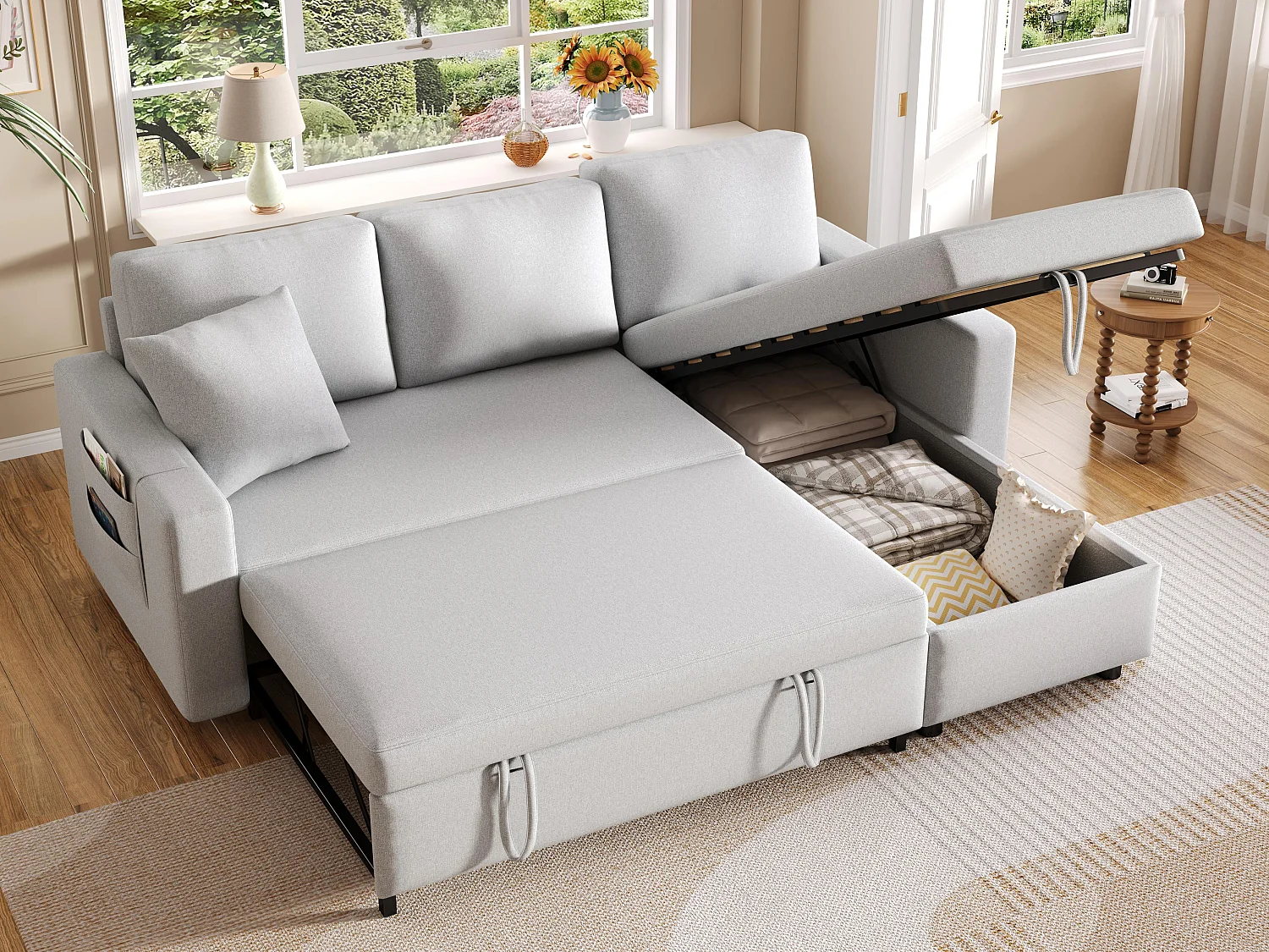 Fusio 1.0 – Sofá Cama Esquinero de 3 Plazas con Almacenaje, Tela de Lino, Ideal para Estudios, Cama Auxiliar Espaciosa